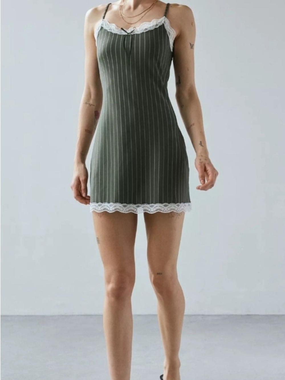 Urban Outfitters Olive Green Pinstripe Lace-Trim Mini Dress